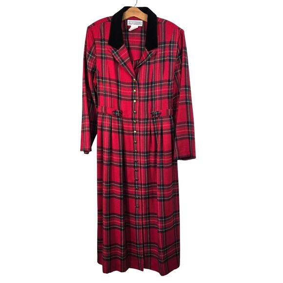 Vintage Jessica Howard Maxi Dress Women's 14 Red Plaid Button Front 90s Preppy - Picture 1 of 9